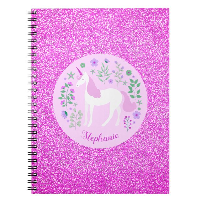 Unicorn Pink Glitter Personalised Name Notebook (Front)