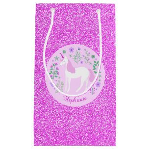 Unicorn Pink Glitter Personalised Name Small Gift Bag