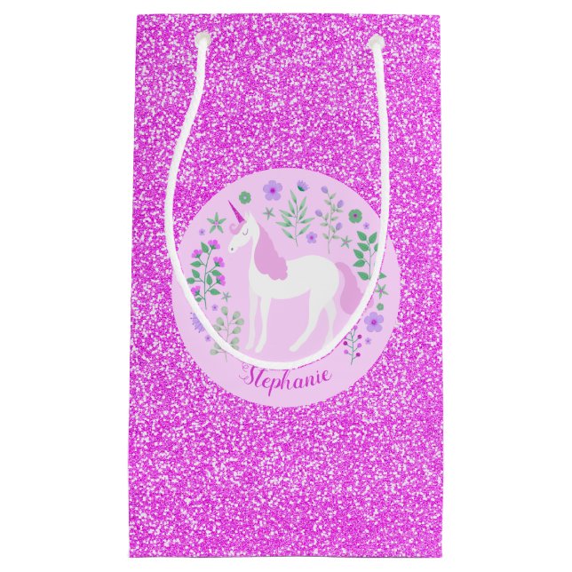 Unicorn Pink Glitter Personalised Name Small Gift Bag (Front)