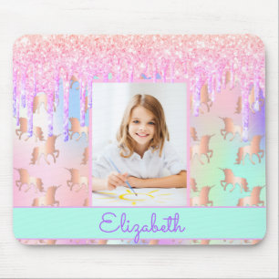 Unicorn pink glitter photo sparkle mint mouse pad