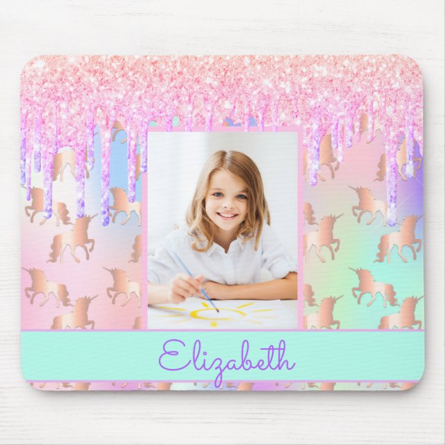 Unicorn pink glitter photo sparkle mint mouse pad (Front)