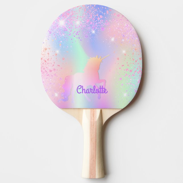 Unicorn pink glitter rainbow purple monogram ping pong paddle (Front)