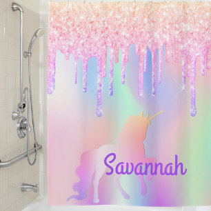 Unicorn pink glitter rainbow rose gold monogram shower curtain