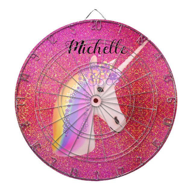 Uniçorn Pink Glitter Sparkles Fairytale Girly Dartboard (Front)