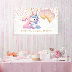 Unicorn Pink Gold Balloons 2nd Girls Birthday Banner