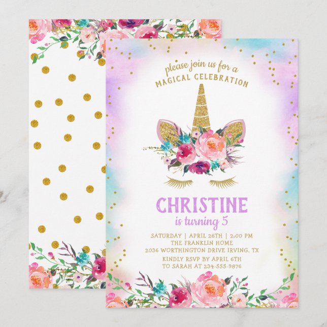 Unicorn Pink Gold Beautiful Floral Birthday Party Invitation (Front/Back)