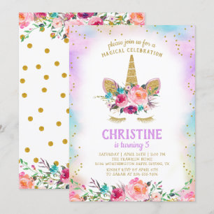 Unicorn Pink Gold Beautiful Floral Birthday Party Invitation