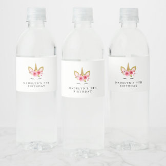 Unicorn Pink Gold Birthday Party Water Bottle Labe Label