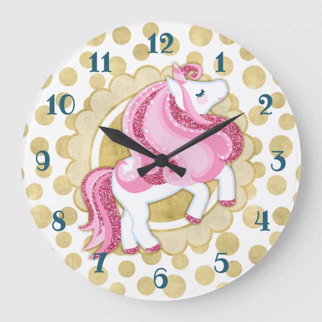 Unicorn Pink Gold Cute Fantasy Large Clock (Front)