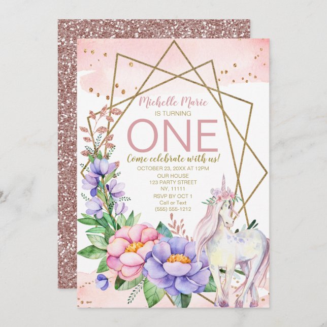 Unicorn Pink Gold Floral First Birthday Invitation (Front/Back)