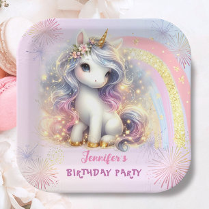 Unicorn Pink Gold Glitter Girl Birthday  Paper Plate