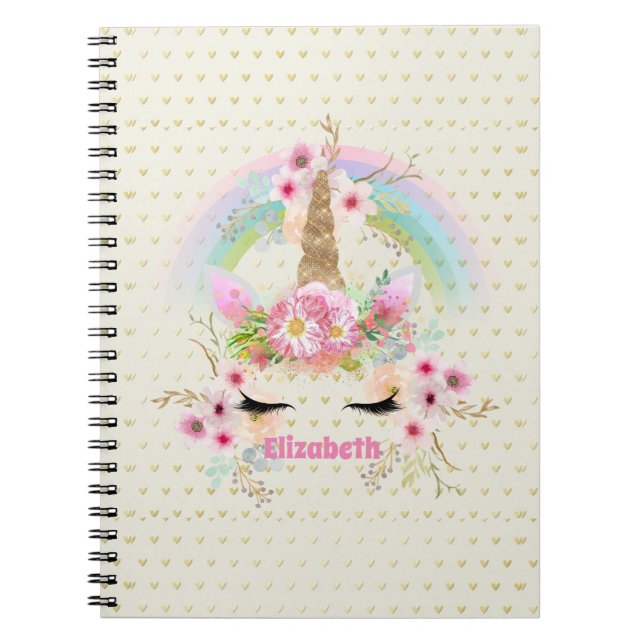 Unicorn Pink Gold Glitter Look Named Girls Floral Notebook (Front)