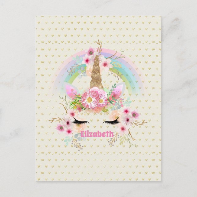 Unicorn Pink Gold Glitter Look Named Girls Floral Postcard (Front)