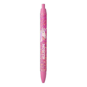 Unicorn Pink Gold Glitter Ombre Girly Personalised Black Ink Pen