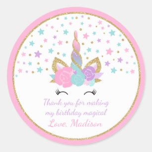 Unicorn Pink & Gold Party Favour Tag Sticker Seal