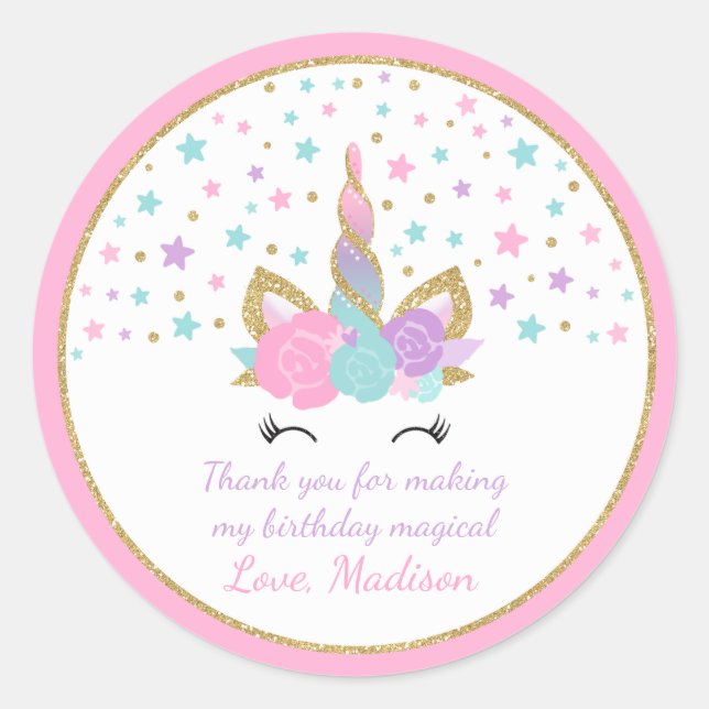 Unicorn Pink & Gold  Party Favour Tag Sticker Seal (Front)