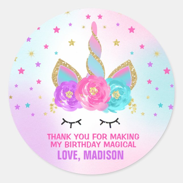 Unicorn Pink & Gold  Party Favour Tag Sticker Seal (Front)
