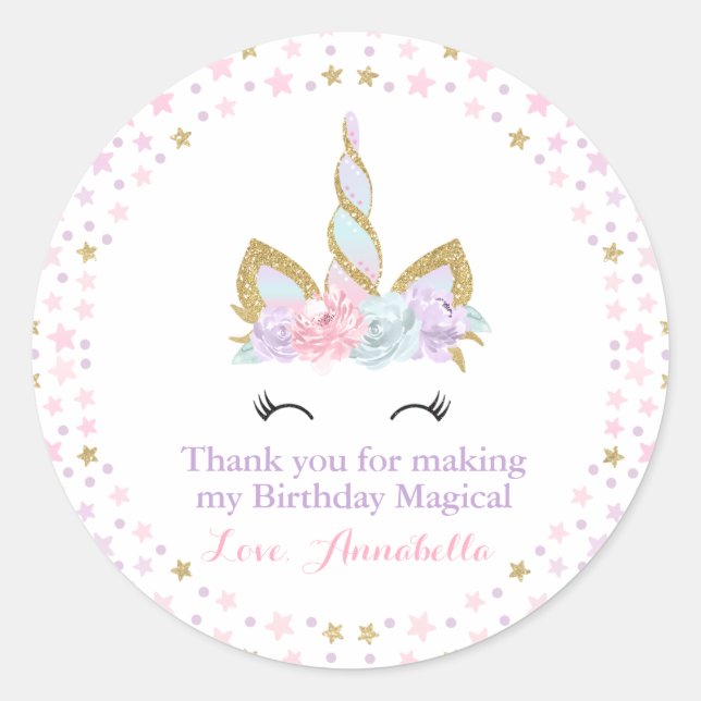 Unicorn Pink & Gold Party Favour Tag Sticker Seal (Front)