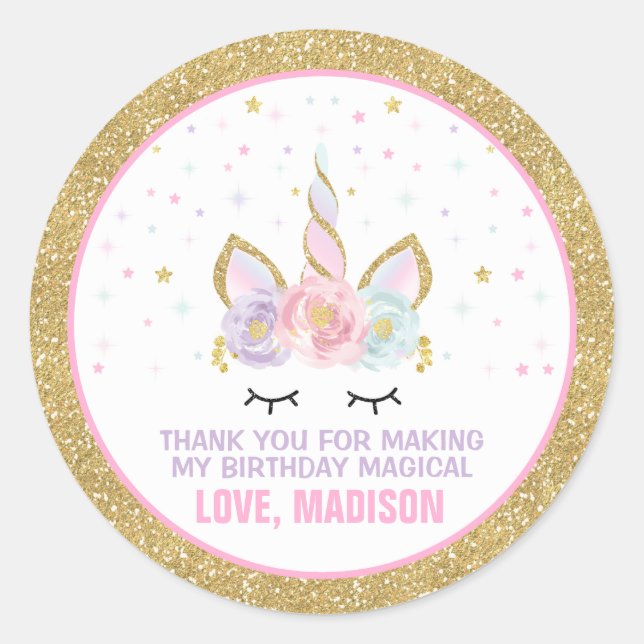 Unicorn Pink & Gold  Party Favour Tag Sticker Seal (Front)