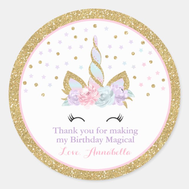 Unicorn Pink & Gold Party Favour Tag Sticker Seal (Front)