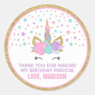 Unicorn Pink & Gold  Party Favour Tag Sticker Seal