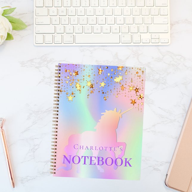 Unicorn pink gold stars holographic name notebook (Creator Uploaded)