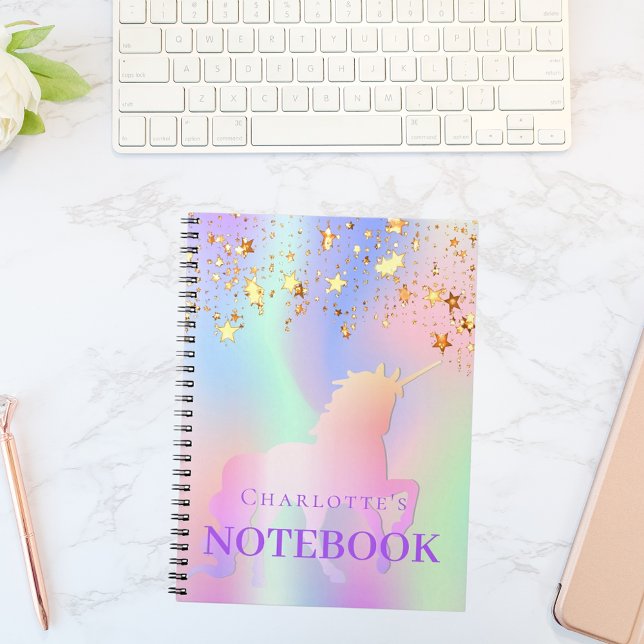 Unicorn pink gold stars holographic name notebook (Creator Uploaded)