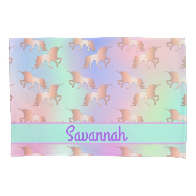 Unicorn pink holographic mint girl name pillowcase (Front)