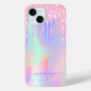 Unicorn pink holographic name drips iPhone 15 case
