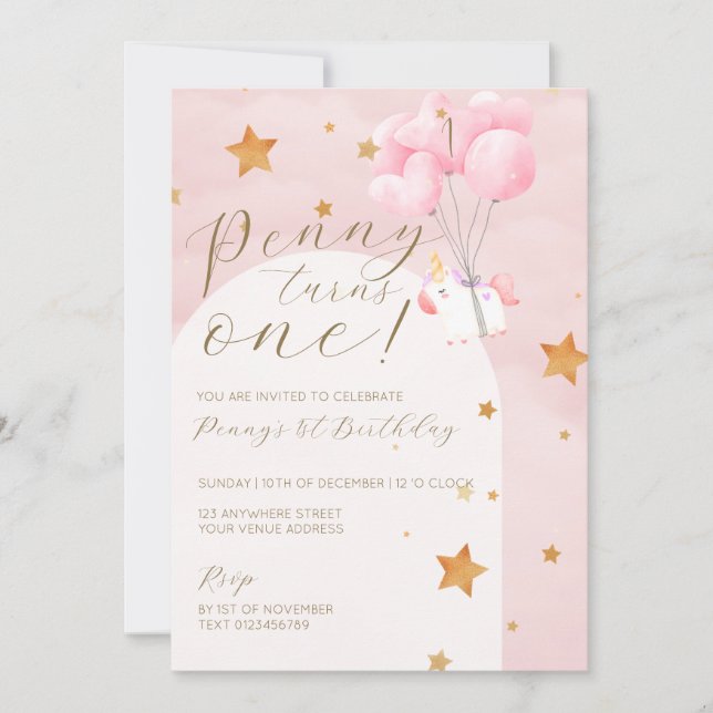 Unicorn Pink Kids 1st Birthday Party Invitation  (Front)