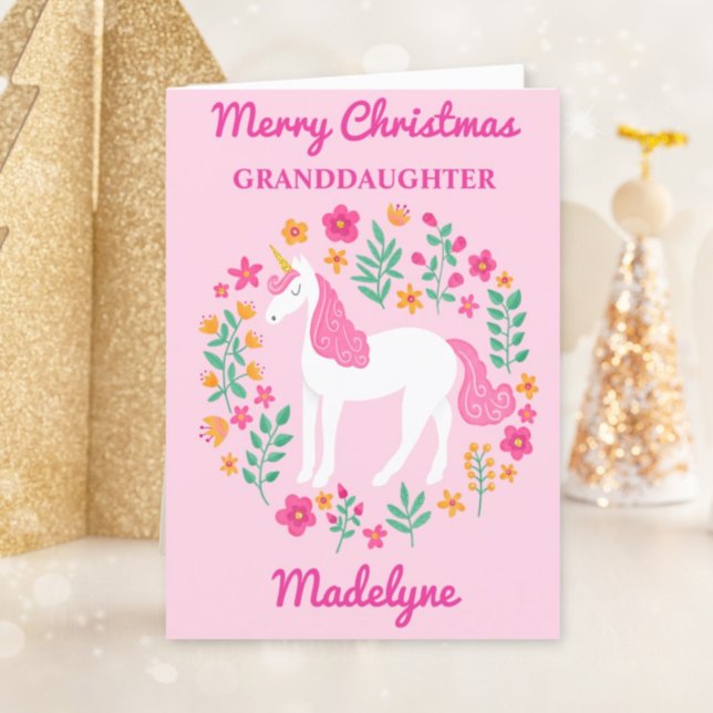 Unicorn Pink Merry Christmas Granddaughter Cute Holiday Card (Creator Uploaded)