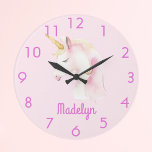 Unicorn pink name large clock<br><div class="desc">A soft pink background decorated with a cute unicorn face in white and pink.  Personalise and add a name,  pink letters. Pink clock-face numbers.</div>