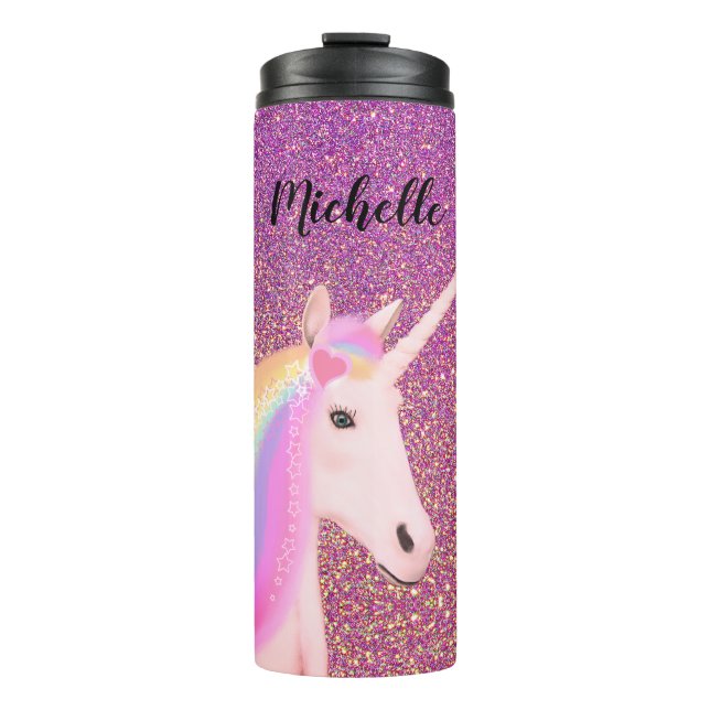 Unicorn Pink Ombre Glitter Personalized Thermal Tumbler (Front)
