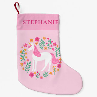 Unicorn Pink Orange Floral Personalised Name Cute Small Christmas Stocking