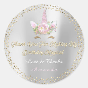 Unicorn Pink Party Favour Thank Glitter Spark Gold Classic Round Sticker