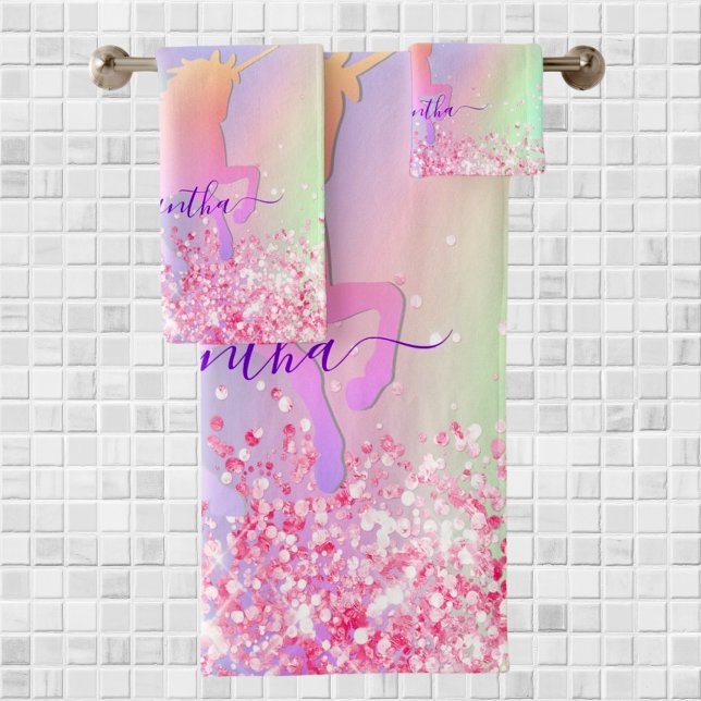 Unicorn pink purple confetti name girl bath towel set (Creator Uploaded)