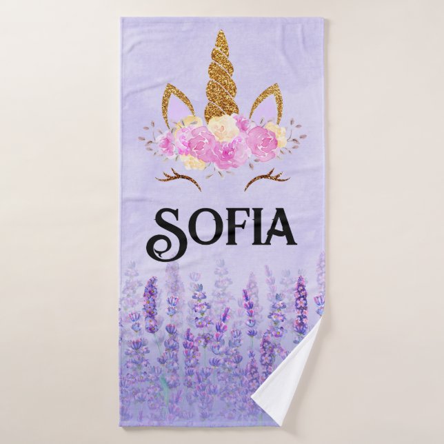 Unicorn Pink Purple Floral  Personalised Towel  (Bath Towel)
