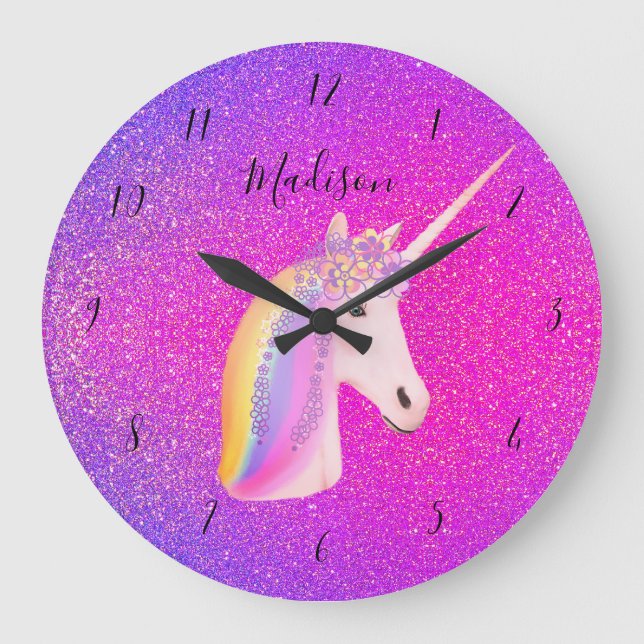 Unicorn Pink Purple Glitter Girls Personalised Large Clock (Front)