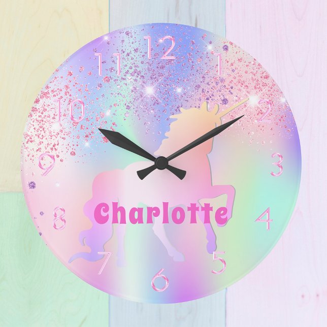 Unicorn pink purple glitter name girl large clock (Creator Uploaded)