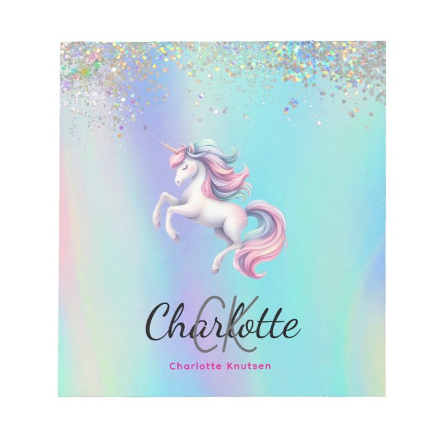 Unicorn pink purple holographic back to school notepad (Front)