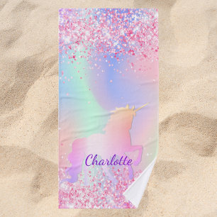 Unicorn pink purple holographic name  bath towel