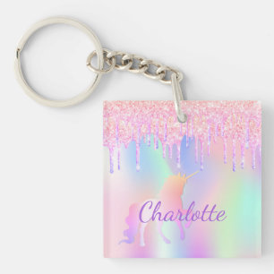 Unicorn pink purple holographic name girl key ring