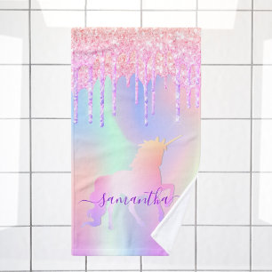 Unicorn pink purple holographic name hand towel