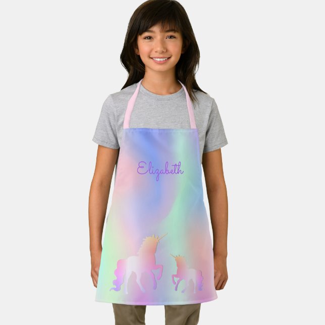 Unicorn pink purple mint green name holographic apron (Insitu)
