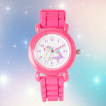 Unicorn pink purple white girly cute watch<br><div class="desc">A magical cute sleeping unicorn in white,  purple,  pink,  yellow pastels. With a bit of turquoise.  White background.  pink coloured numbers.</div>