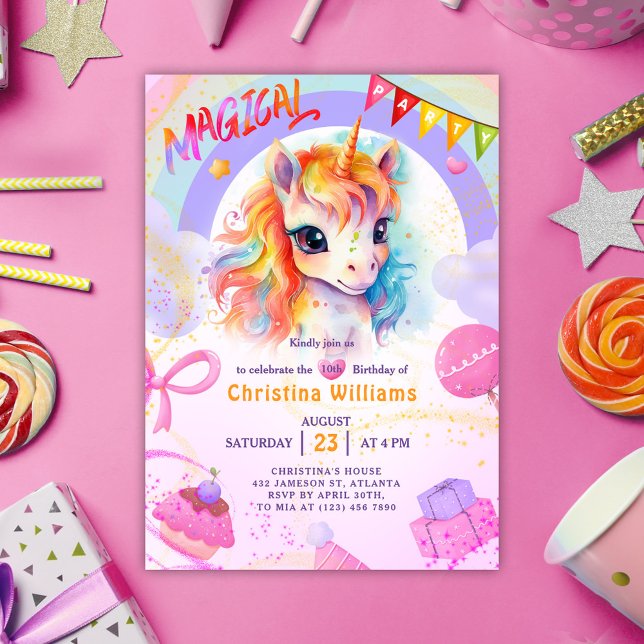 Unicorn Pink Rainbow Birthday Invitation (Unicorn Pink Rainbow Birthday Invitation)