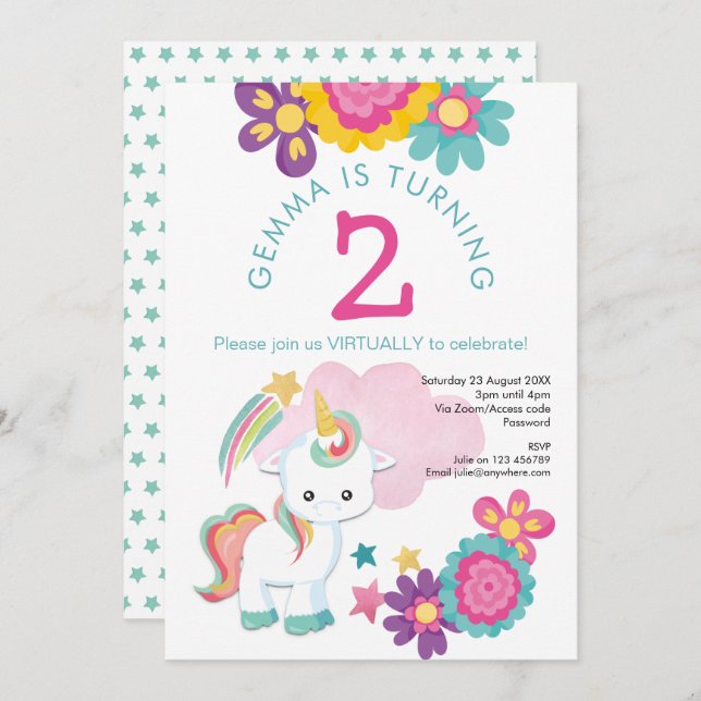 Unicorn Pink Teal Girl Virtual 2nd Birthday Party Invitation (Front/Back)
