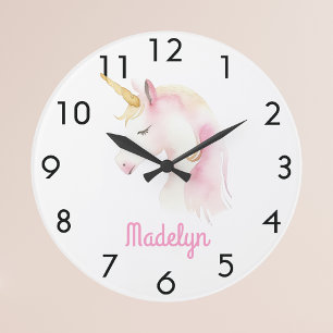 Unicorn pink white name large clock