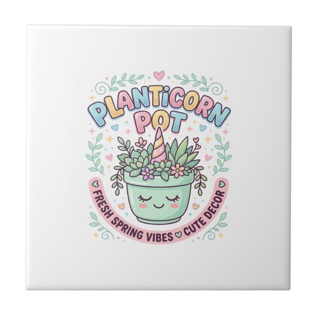 Unicorn Planticorn Pot Graphic Design Graphic Tee  Ceramic Tile (Front)