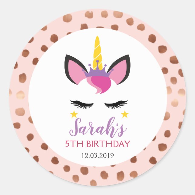 Unicorn polka dot rose gold birthday sticker (Front)